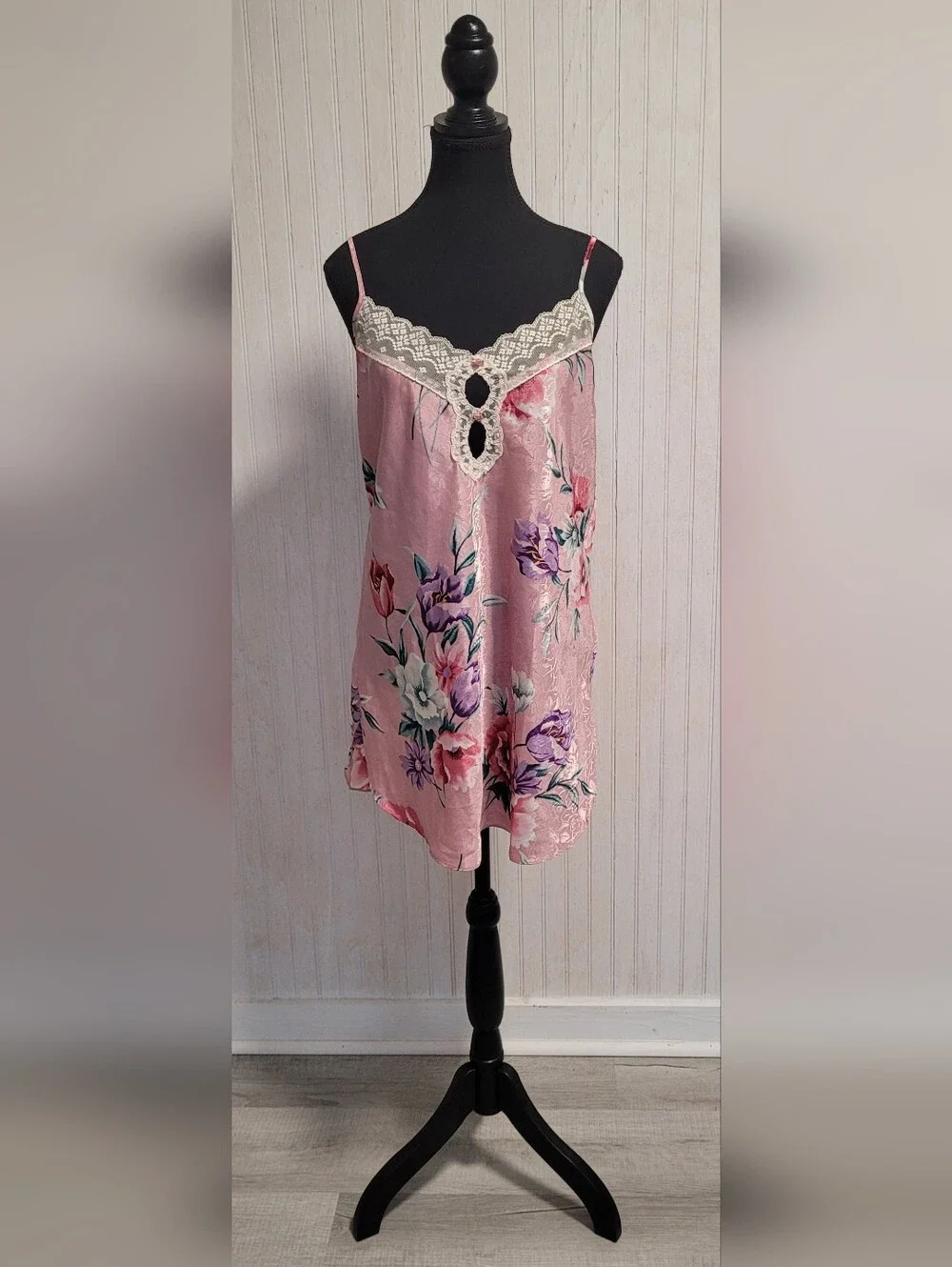 90s Vintage Angelique Pink Floral Jacquard Nightie Size Medium - Picture 1 of 11